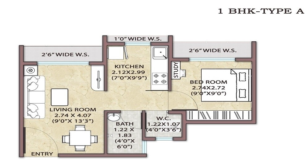 Floor plan of 1 BHK 294 Sq. Ft. Apartment in Advance Kingdom, Navi Mumbai