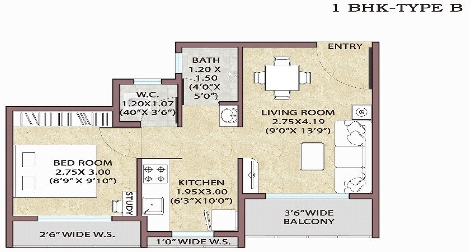 Floor plan of 1 BHK 324 Sq. Ft. Apartment in Advance Kingdom, Navi Mumbai