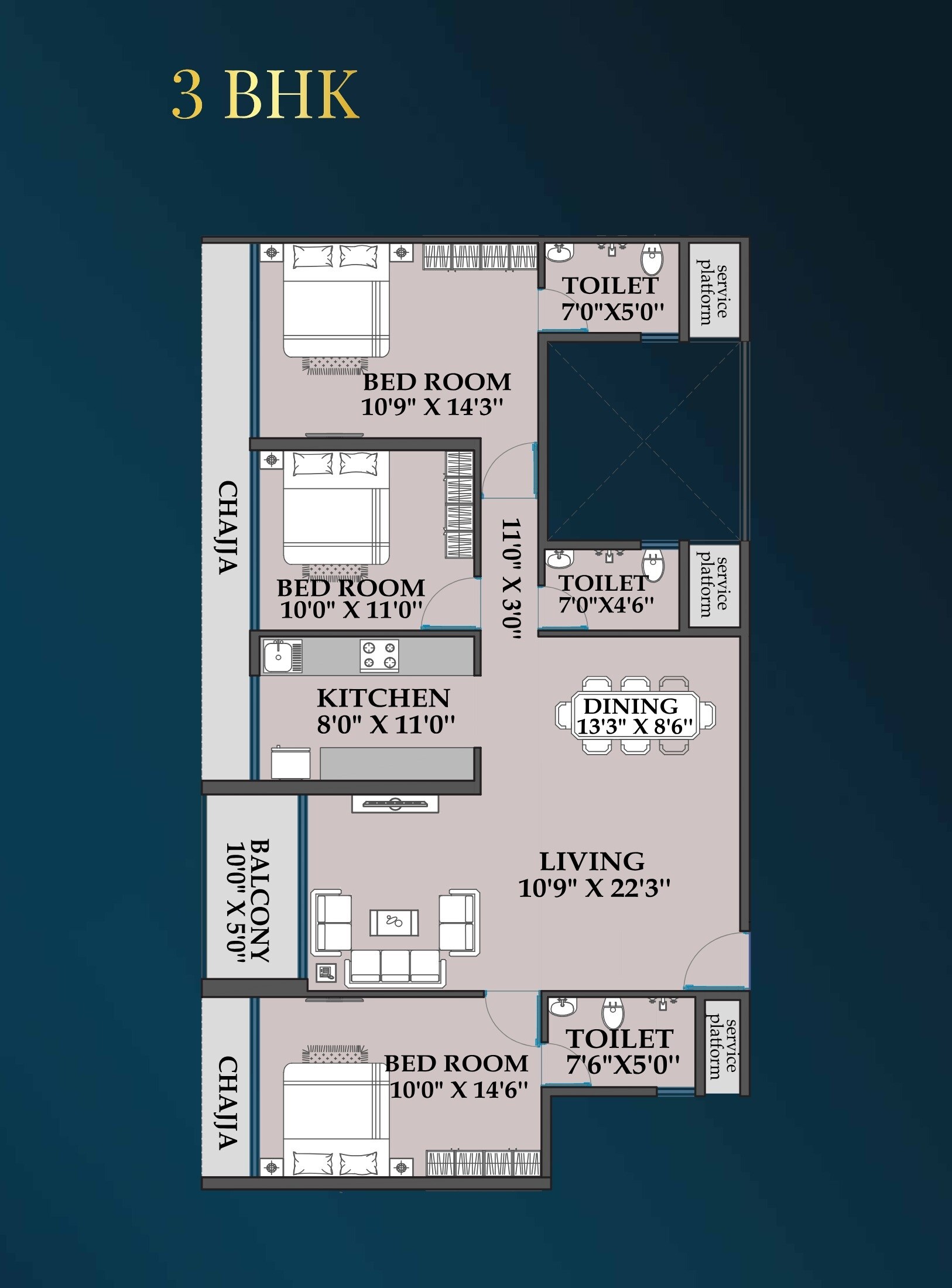 3 BHK 966 Sq. Ft. Apartment