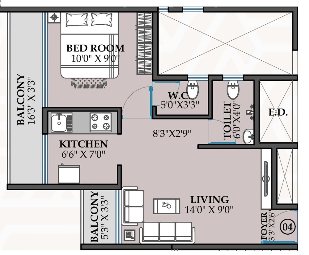 Floor plan of 1 BHK 323 Sq. Ft. Apartment in AK 26 Icon, Navi Mumbai
