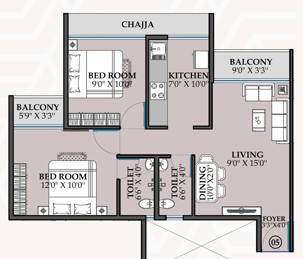 Floor plan of 2 BHK 624 Sq. Ft. Apartment in AK 26 Icon, Navi Mumbai