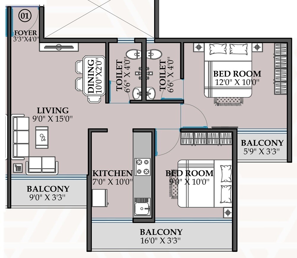 Floor plan of 2 BHK 636 Sq. Ft. Apartment in AK 26 Icon, Navi Mumbai