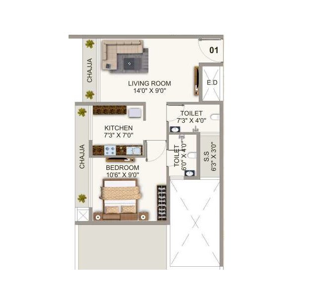 Floor plan of 1 BHK 403 Sq. Ft. Apartment in AK Imperial Towers, Navi Mumbai