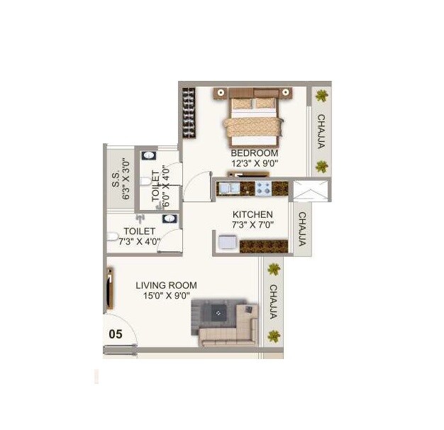 Floor plan of 1 BHK 419 Sq. Ft. Apartment in AK Imperial Towers, Navi Mumbai