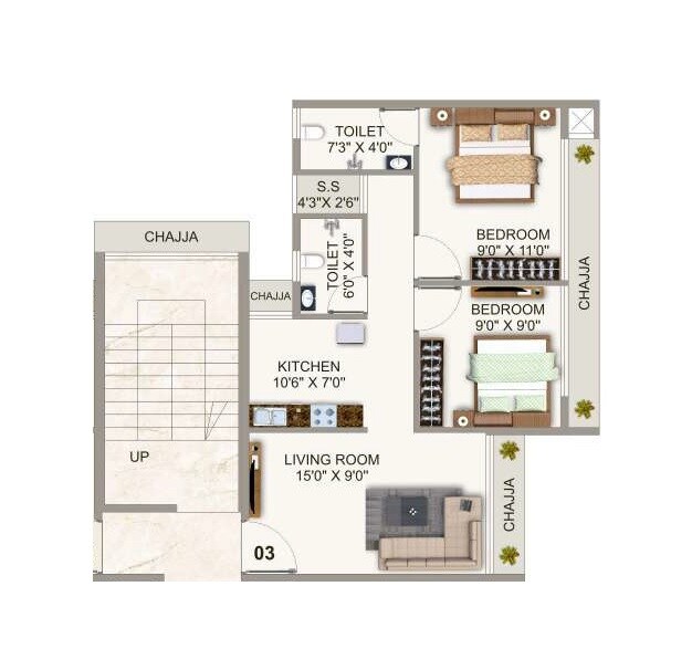 Floor plan of 2 BHK 514 Sq. Ft. Apartment in AK Imperial Towers, Navi Mumbai