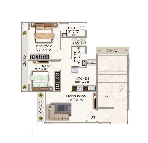 2 BHK 614 Sq. Ft. Apartment