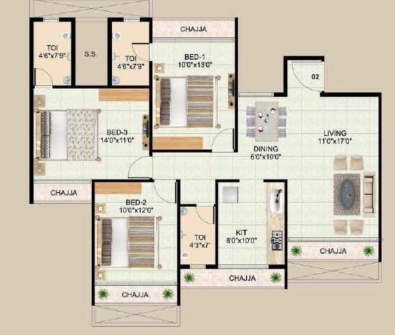 Floor plan of 3 BHK 704 Sq. Ft. Apartment in AK Orchid, Navi Mumbai