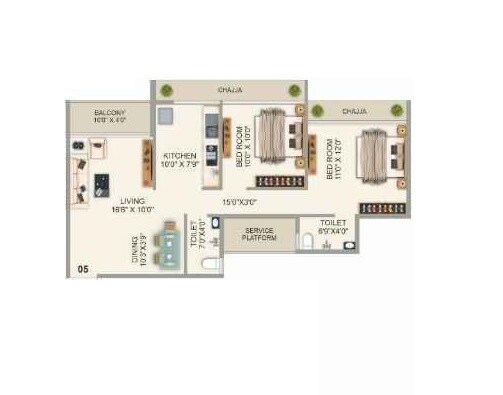 Floor plan of 2 BHK 599 Sq. Ft. Apartment in AK Sapphire, Navi Mumbai
