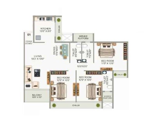 Floor plan of 3 BHK 901 Sq. Ft. Apartment in AK Sapphire, Navi Mumbai