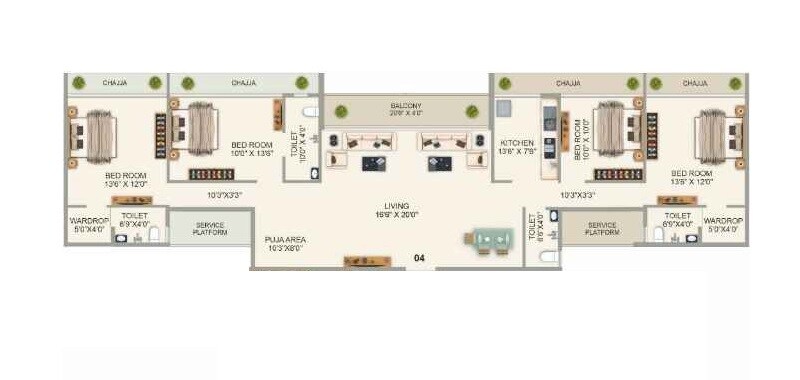 Floor plan of 4 BHK 1369 Sq. Ft. Apartment in AK Sapphire, Navi Mumbai