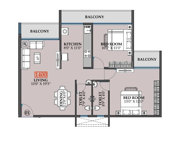 Floor plan of 2 BHK 922 Sq. Ft. Apartment in AK Silver Crest, Navi Mumbai