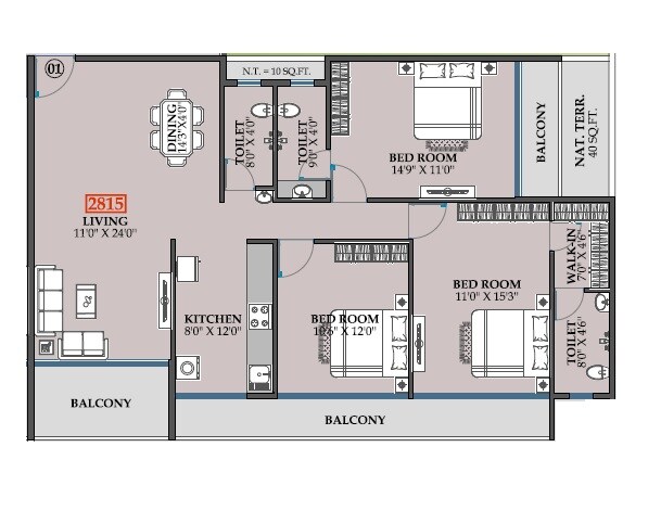 Floor plan of 3 BHK 1095 Sq. Ft. Apartment in AK Silver Crest, Navi Mumbai