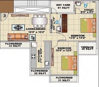 Floor plan of 3 BHK 779 Sq. Ft. Apartment in Akshar Alvario, Navi Mumbai