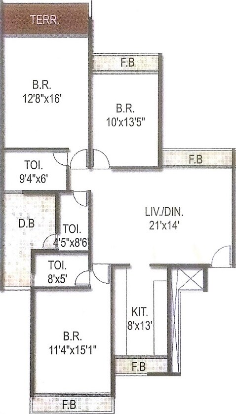 Floor plan of 3 BHK 935 Sq. Ft. Apartment in Akshar Alvario, Navi Mumbai