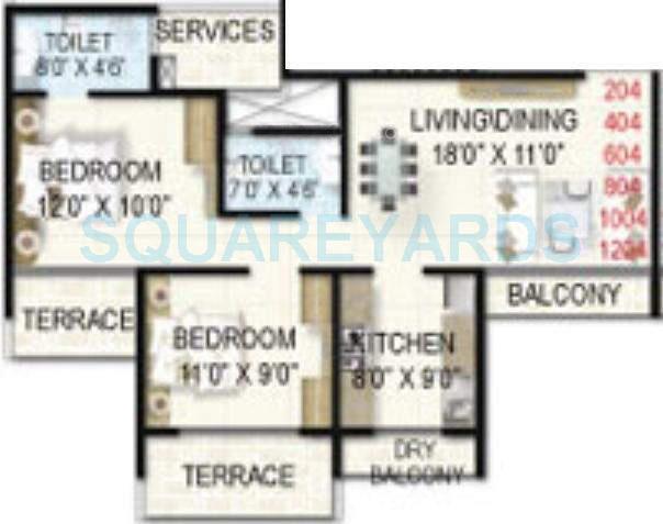 Floor plan of 2 BHK 1140 Sq. Ft. Apartment in Akshar Canabee, Navi Mumbai