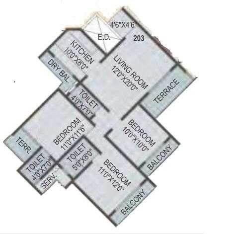 Floor plan of 3 BHK 581 Sq. Ft. Apartment in Akshar Estonia, Navi Mumbai