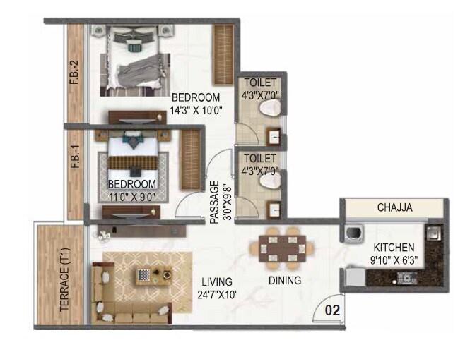 Floor plan of 2 BHK 745 Sq. Ft. Apartment in Akshar Panchratna, Navi Mumbai
