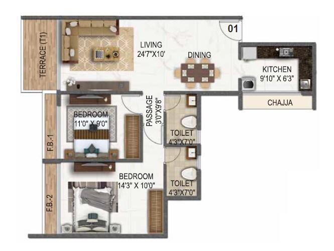Floor plan of 2 BHK 595 Sq. Ft. Apartment in Akshar Panchratna, Navi Mumbai