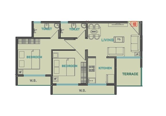 Floor plan of 2 BHK 492 Sq. Ft. Apartment in Akshar River Gate, Navi Mumbai