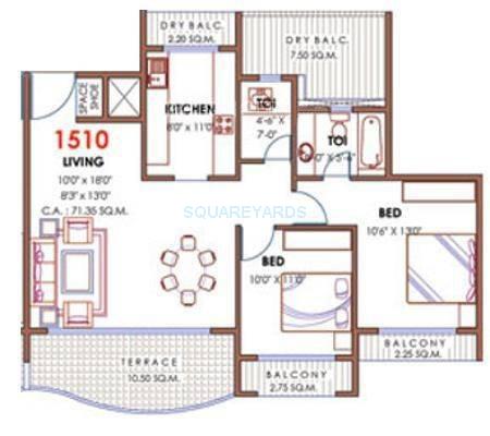 Floor plan of 2 BHK 1510 Sq. Ft. Apartment in Akshar Sai Radiance, Navi Mumbai
