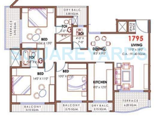 Floor plan of 3 BHK 1795 Sq. Ft. Apartment in Akshar Sai Radiance, Navi Mumbai