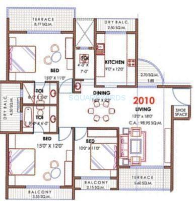 Floor plan of 3 BHK 2010 Sq. Ft. Apartment in Akshar Sai Radiance, Navi Mumbai