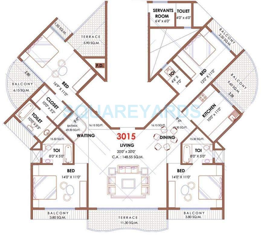 Floor plan of 4 BHK 3015 Sq. Ft. Apartment in Akshar Sai Radiance, Navi Mumbai