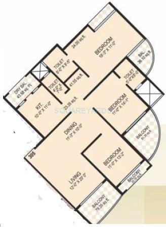 Floor plan of 3 BHK 2080 Sq. Ft. Apartment in Akshar Shreeji Heights, Navi Mumbai