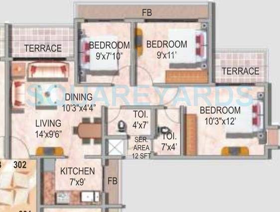 Floor plan of 3 BHK 1030 Sq. Ft. Apartment in Akshar Valencia, Navi Mumbai