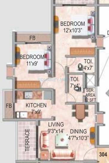 Floor plan of 2 BHK 1205 Sq. Ft. Apartment in Akshar Valencia, Navi Mumbai
