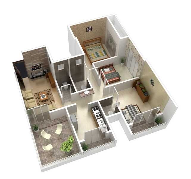 Floor plan of 3 BHK 558 Sq. Ft. Apartment in Akshay Kuberakshe, Navi Mumbai