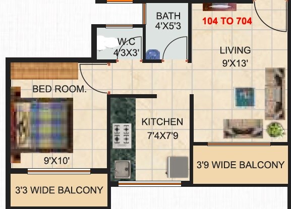 Floor plan of 1 BHK 410 Sq. Ft. Apartment in Al Hamd Madina Complex, Navi Mumbai