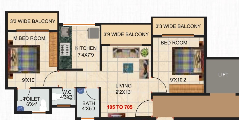 Floor plan of 2 BHK 556 Sq. Ft. Apartment in Al Hamd Madina Complex, Navi Mumbai