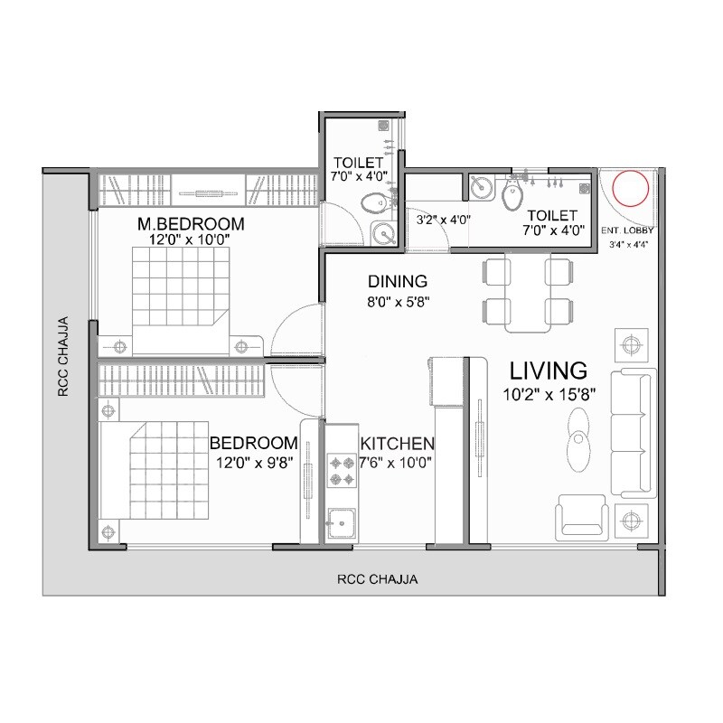 Floor plan of 2 BHK Apartment - 607 sq. ft. in Alliaance Gloria, Navi Mumbai