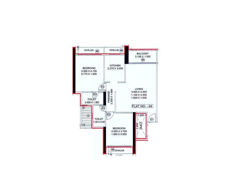 Floor plan of 2 BHK 735 Sq. Ft. Apartment in Alliaance The View, Navi Mumbai