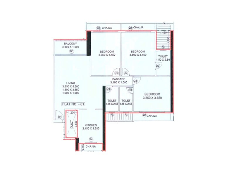 Floor plan of 3 BHK 1016 Sq. Ft. Apartment in Alliaance The View, Navi Mumbai