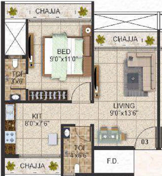Floor plan of 1 BHK 300 Sq. Ft. Apartment in Amara Majestic Icon, Navi Mumbai