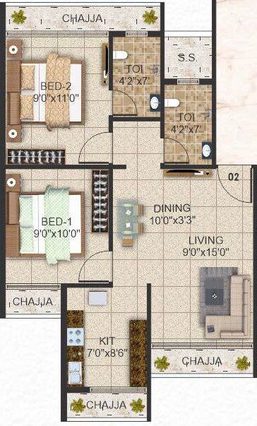 Floor plan of 2 BHK 435 Sq. Ft. Apartment in Amara Majestic Icon, Navi Mumbai