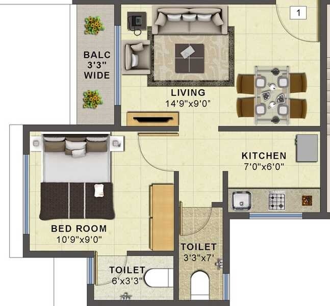 Floor plan of 1 BHK 343 Sq. Ft. Apartment in Ambe Smruti Apartment, Navi Mumbai