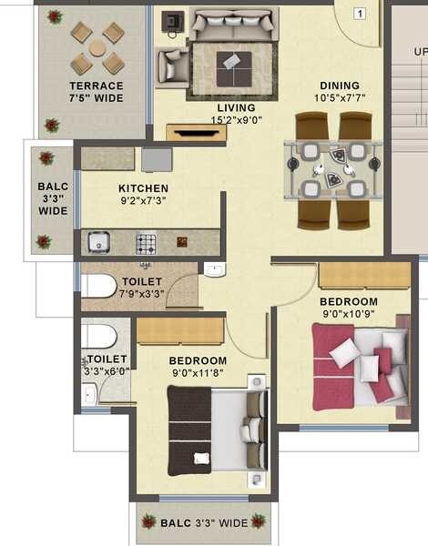 Floor plan of 2 BHK 446 Sq. Ft. Apartment in Ambe Smruti Apartment, Navi Mumbai