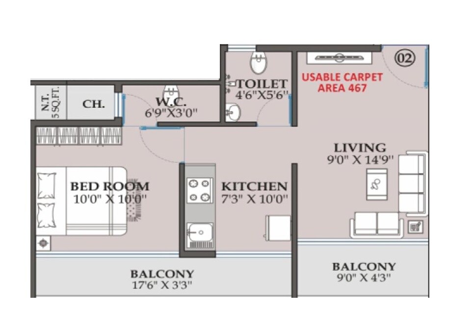 Floor plan of 1 BHK 467 Sq. Ft. Apartment in Ambers Dnyaneshwar Capital, Navi Mumbai