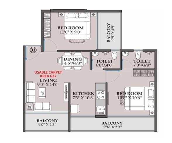 Floor plan of 2 BHK 637 Sq. Ft. Apartment in Ambers Dnyaneshwar Capital, Navi Mumbai