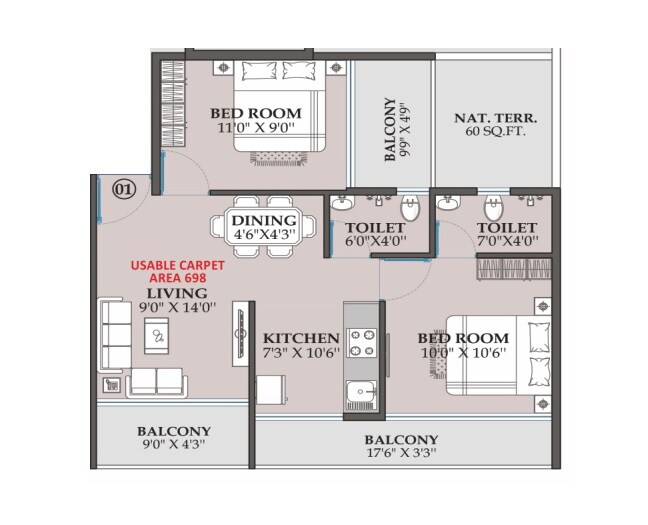 Floor plan of 2 BHK 698 Sq. Ft. Apartment in Ambers Dnyaneshwar Capital, Navi Mumbai