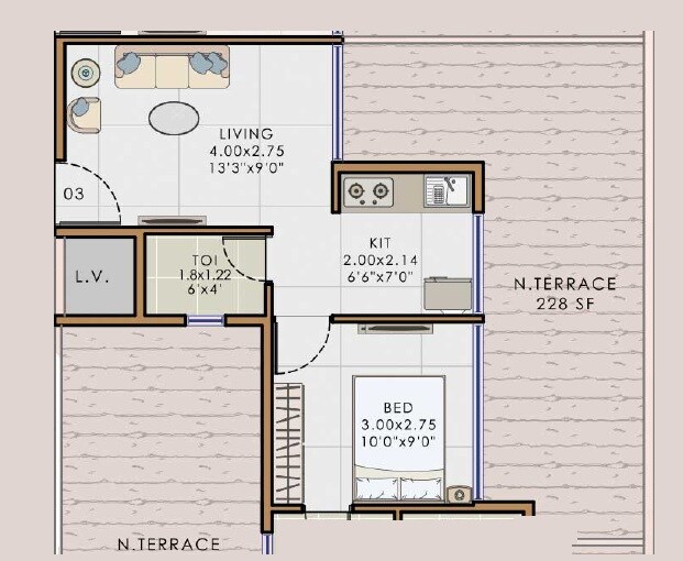 Floor plan of 1 BHK 323 Sq. Ft. Apartment in Ambika Pyunora Heights, Navi Mumbai