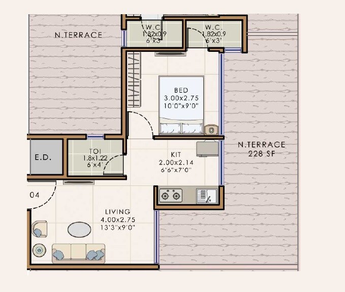 Floor plan of 1 BHK 405 Sq. Ft. Apartment in Ambika Pyunora Heights, Navi Mumbai