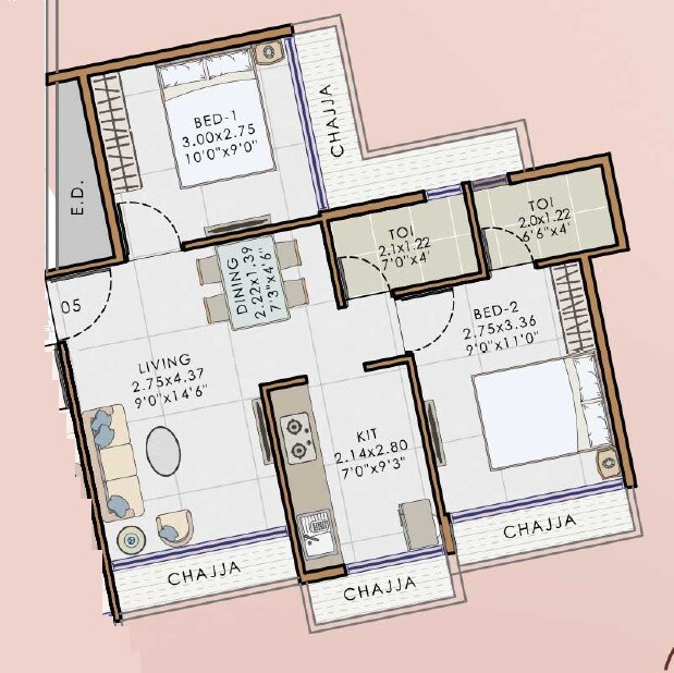 Floor plan of 2 BHK 463 Sq. Ft. Apartment in Ambika Pyunora Heights, Navi Mumbai