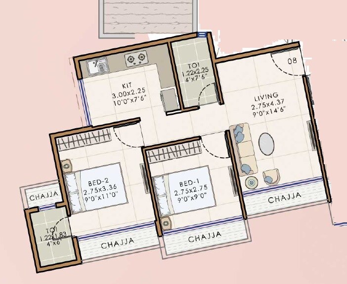 Floor plan of 2 BHK 618 Sq. Ft. Apartment in Ambika Pyunora Heights, Navi Mumbai