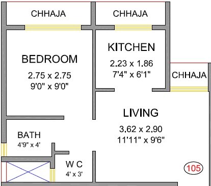 Floor plan of 1 BHK 206 Sq. Ft. Apartment in Ambika Shree Ramkrishna Residency, Navi Mumbai