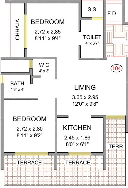 Floor plan of 2 BHK 313 Sq. Ft. Apartment in Ambika Shree Ramkrishna Residency, Navi Mumbai
