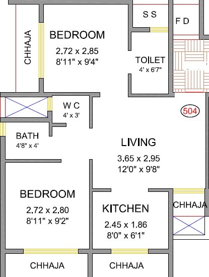 Floor plan of 2 BHK 493 Sq. Ft. Apartment in Ambika Shree Ramkrishna Residency, Navi Mumbai